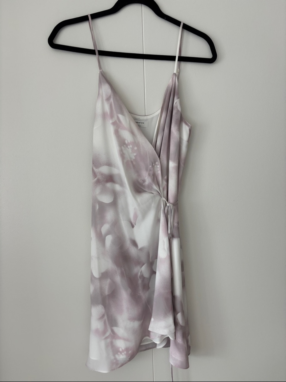 Babaton Lavender White Floral Satin Wrap Mini Dress